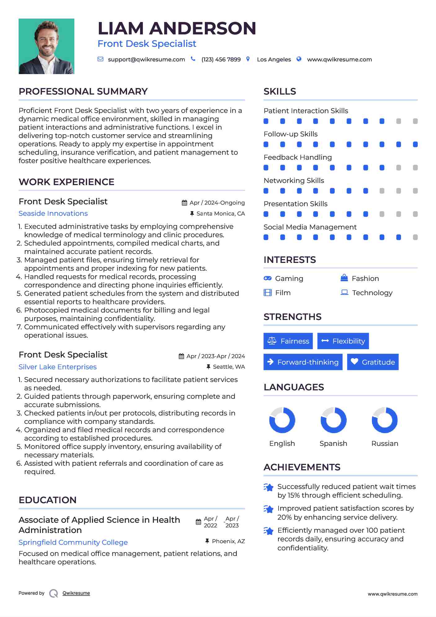 Front Desk Specialist Resume Example