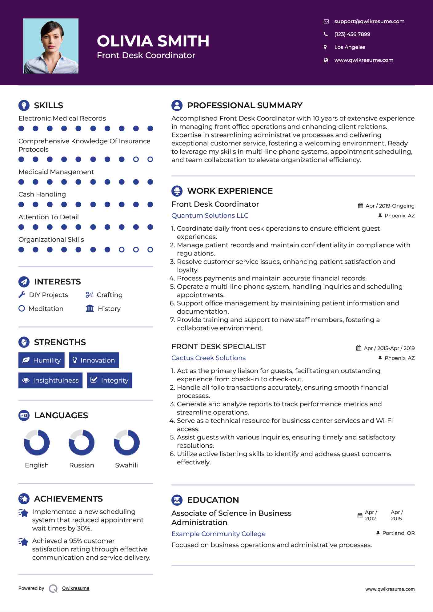 Front Desk Coordinator Resume Template
