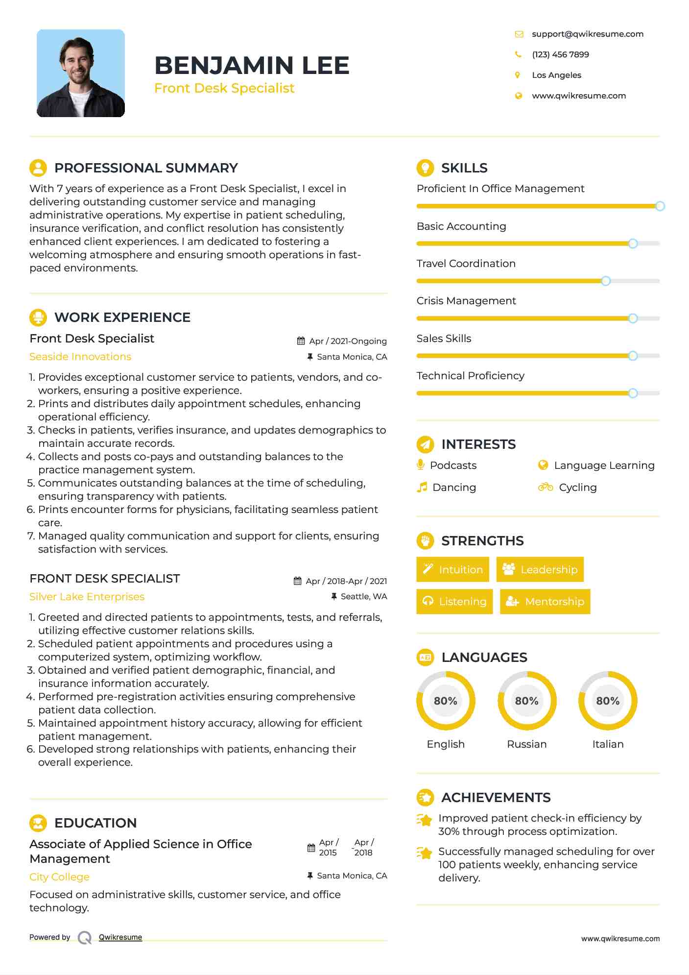 Front Desk Specialist Resume Example