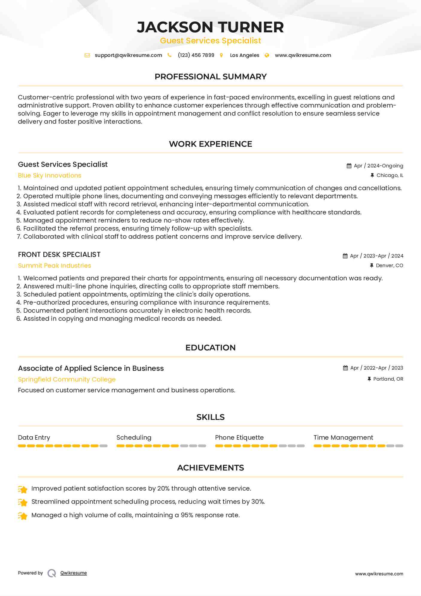 Guest Services Specialist Resume Format