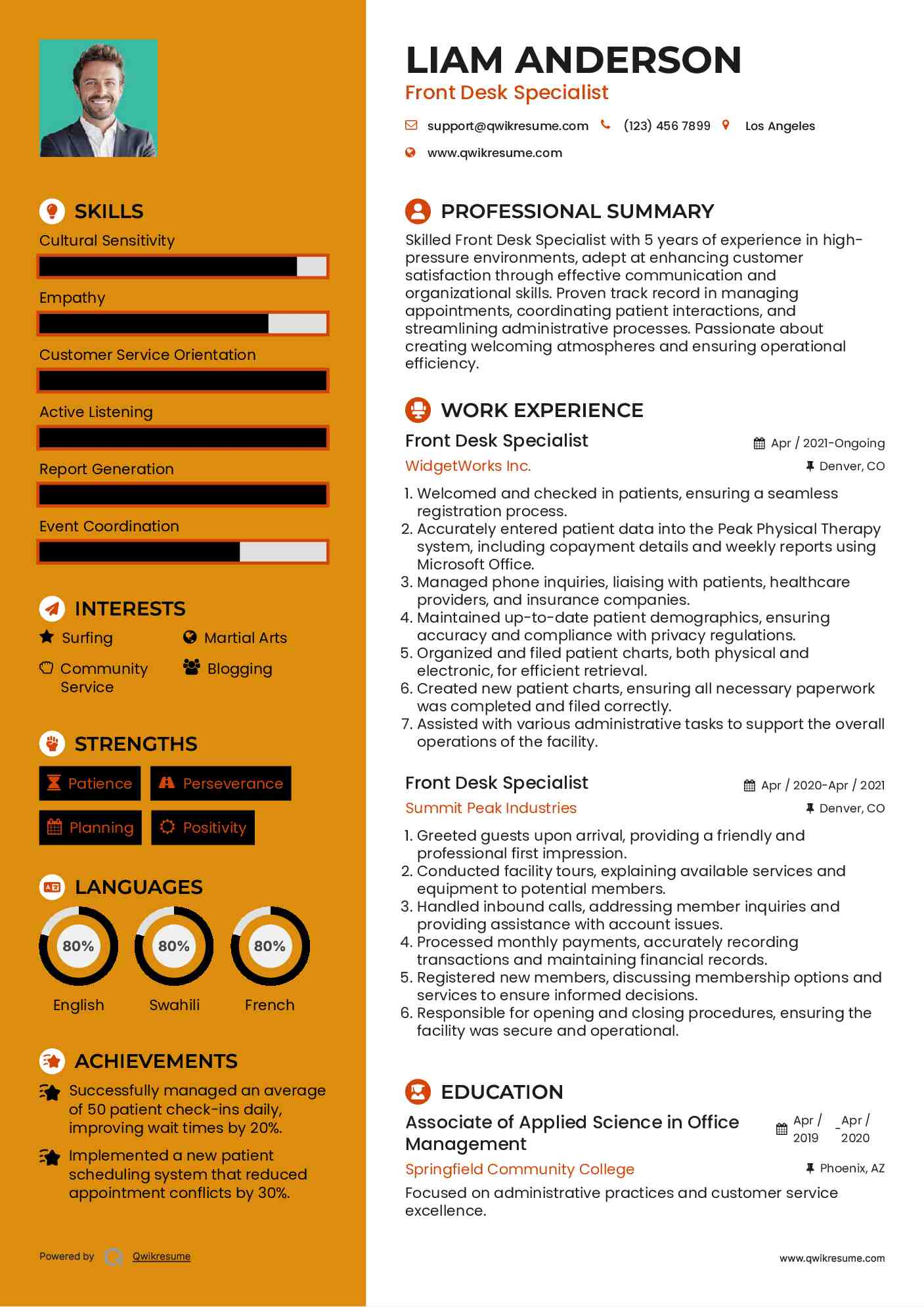 Front Desk Specialist Resume Example