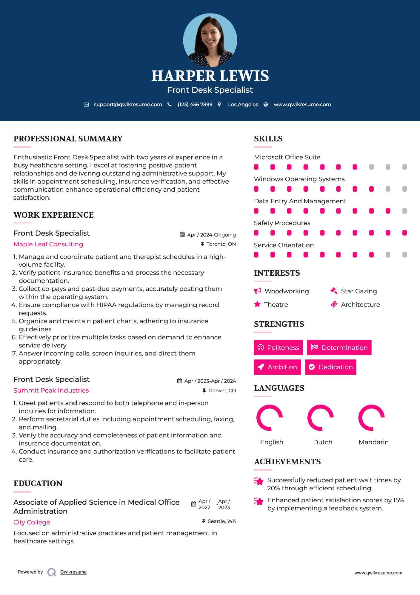 Front Desk Specialist Resume Model