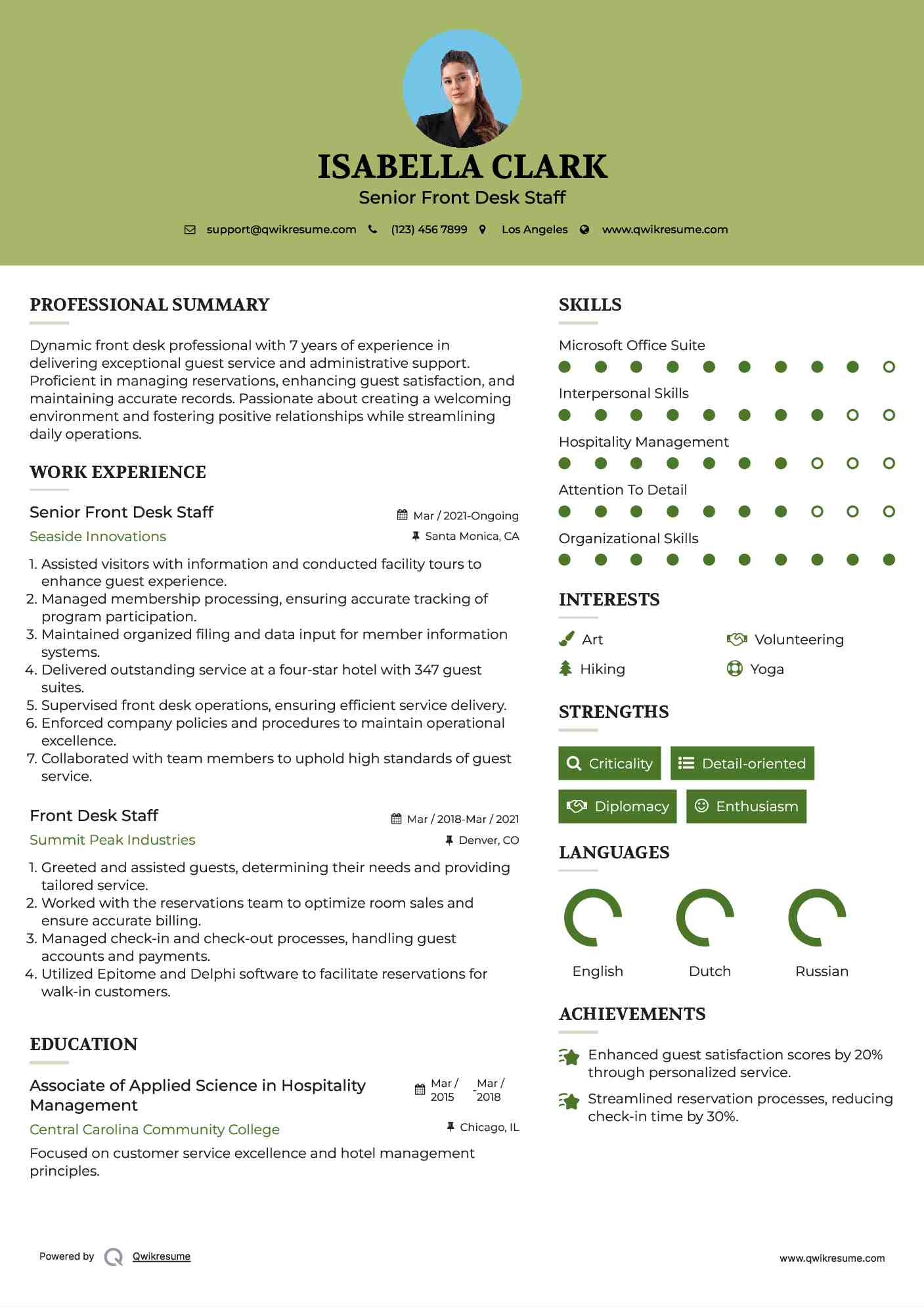 Senior Front Desk Staff Resume Sample