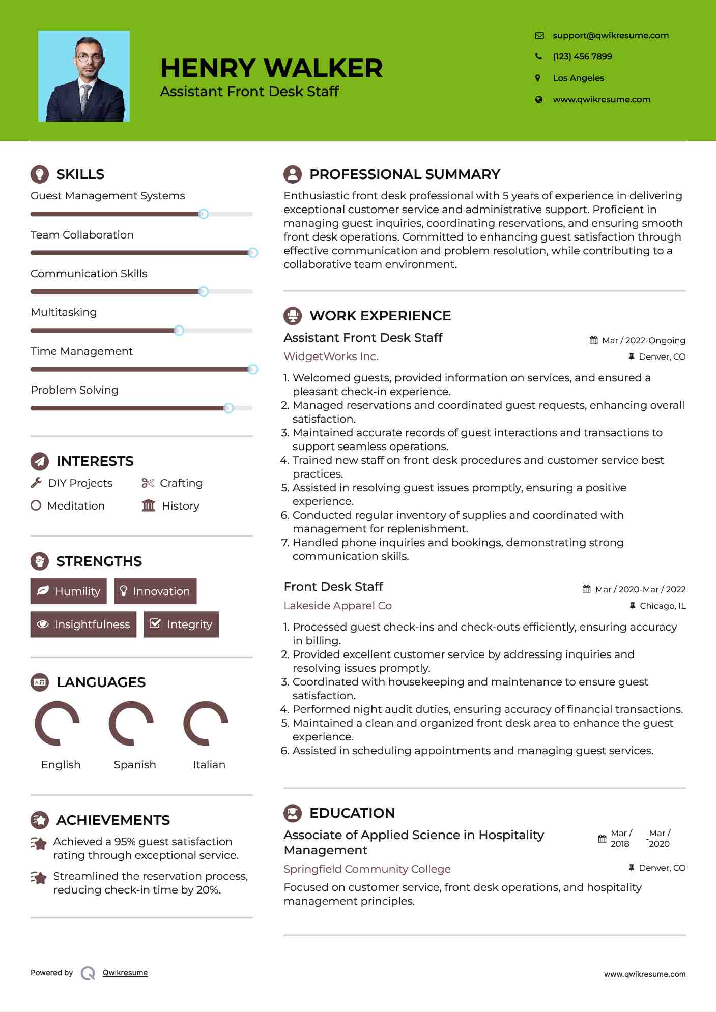 Assistant Front Desk Staff Resume Example