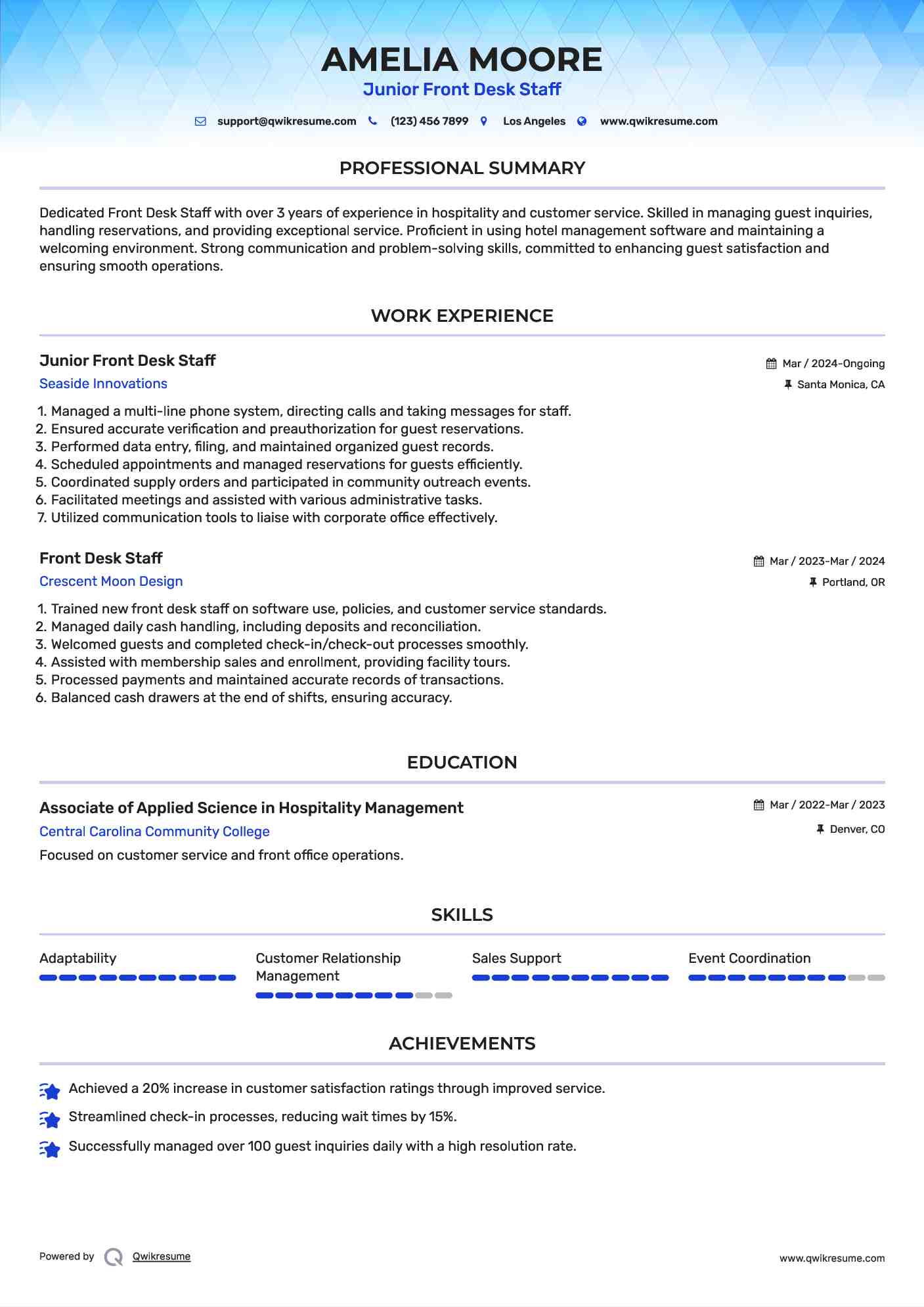 Junior Front Desk Staff Resume Template