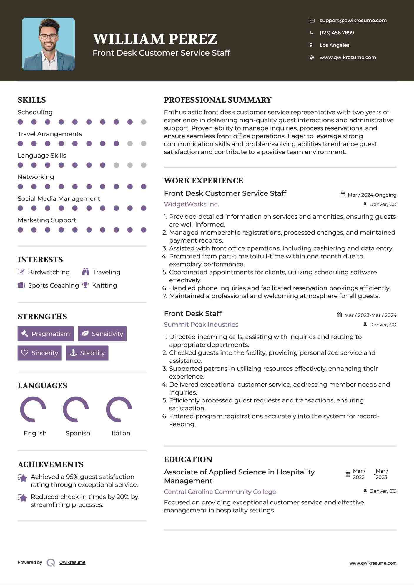 Front Desk Customer Service Staff Resume Model