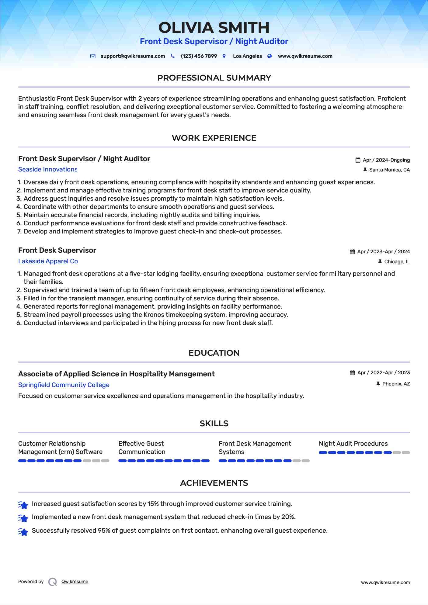 Front Desk Supervisor / Night Auditor Resume Model