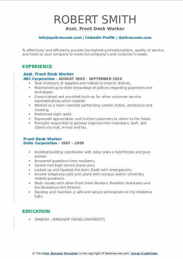 Front Desk Worker Resume Samples QwikResume