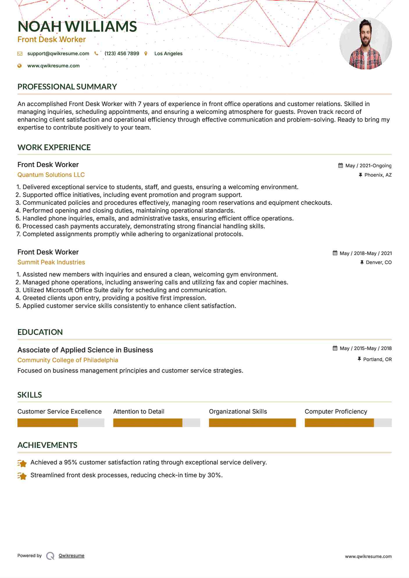 Front Desk Worker Resume Example