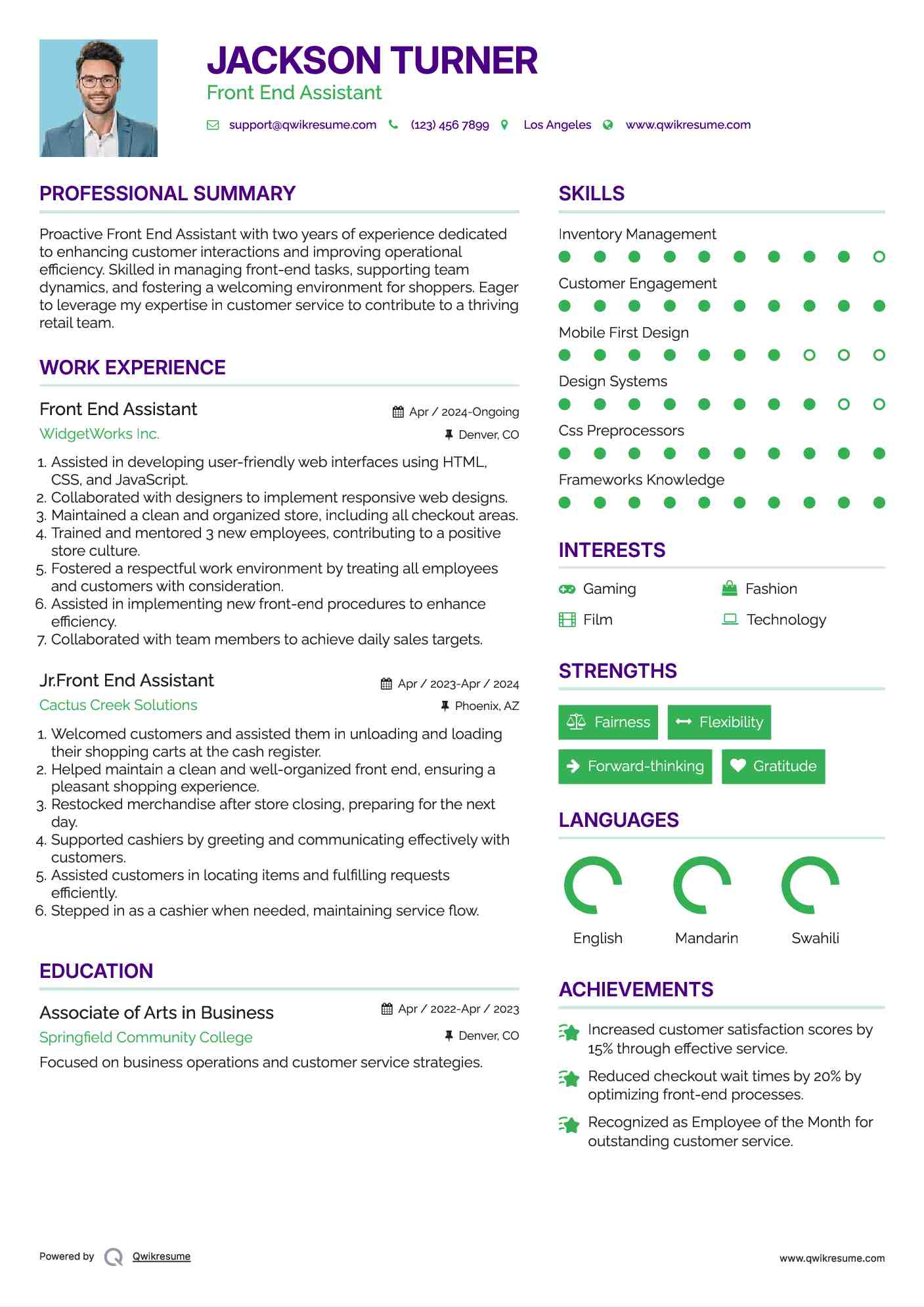 Front End Assistant Resume Example