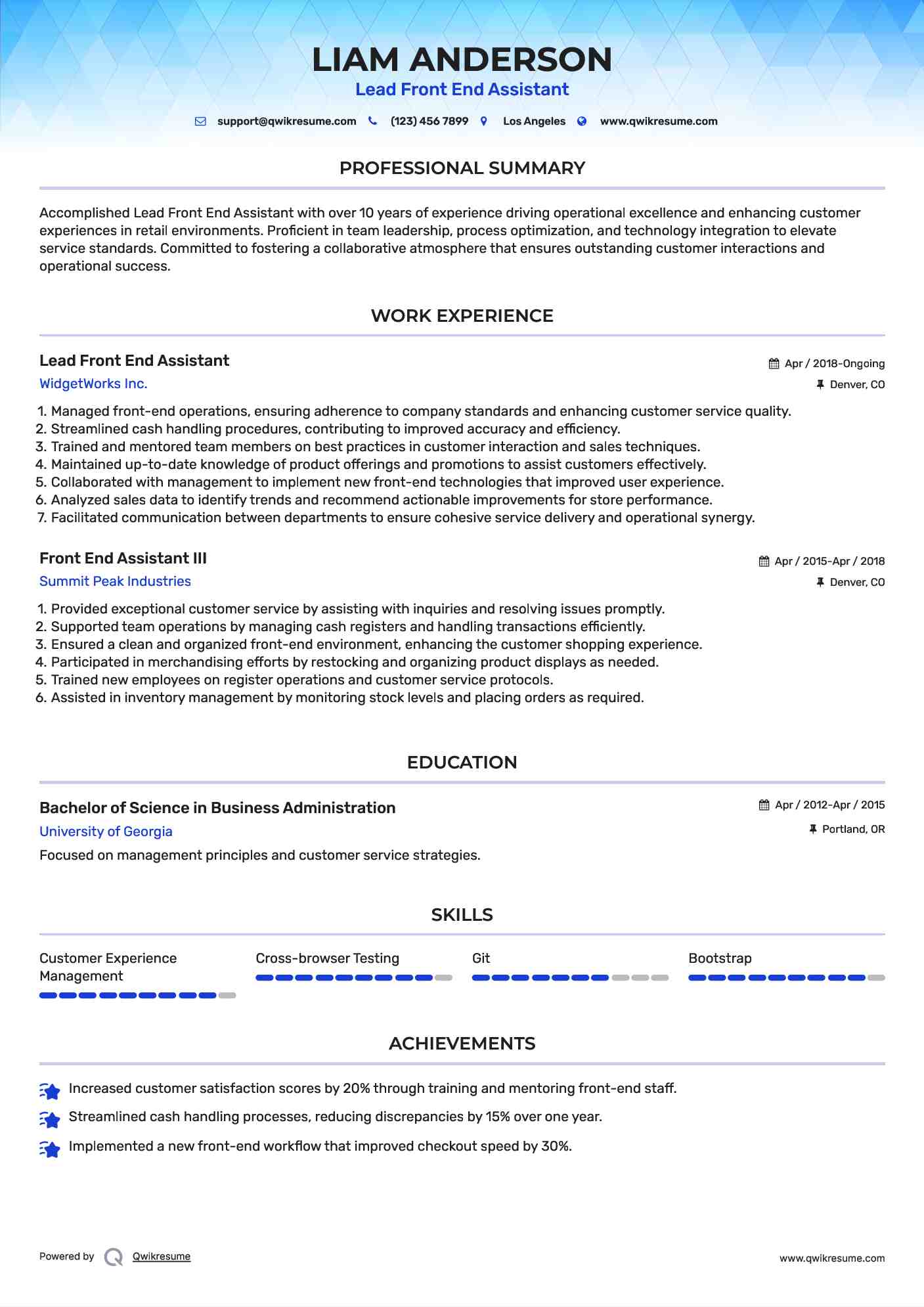 Lead Front End Assistant Resume Model