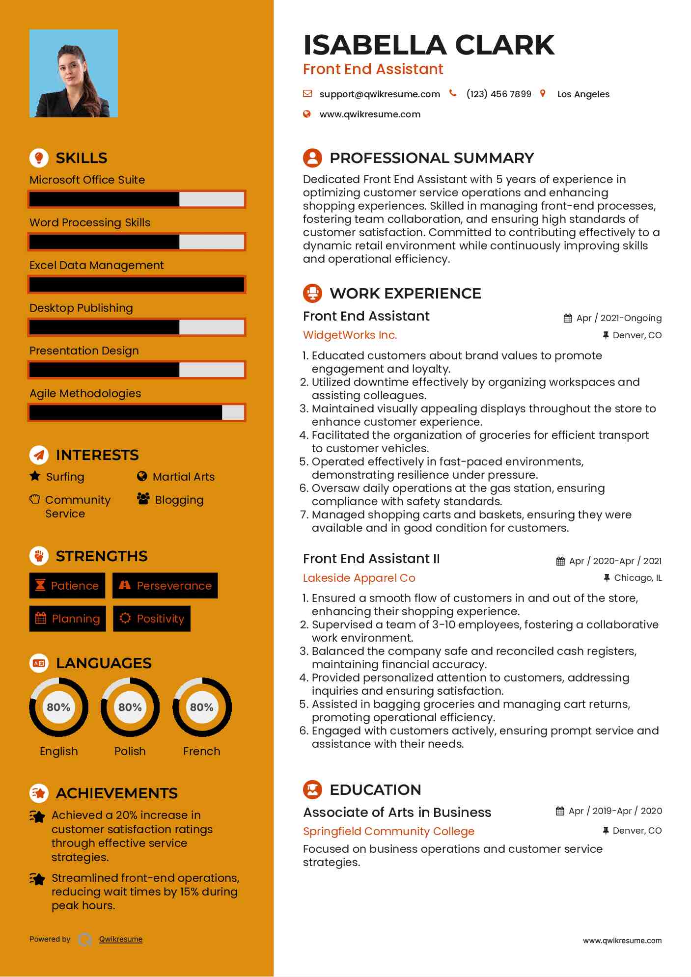 Front End Assistant Resume Sample