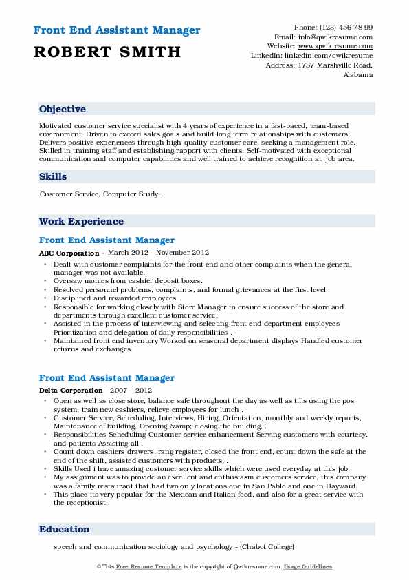 Front End Assistant Manager Resume Samples QwikResume