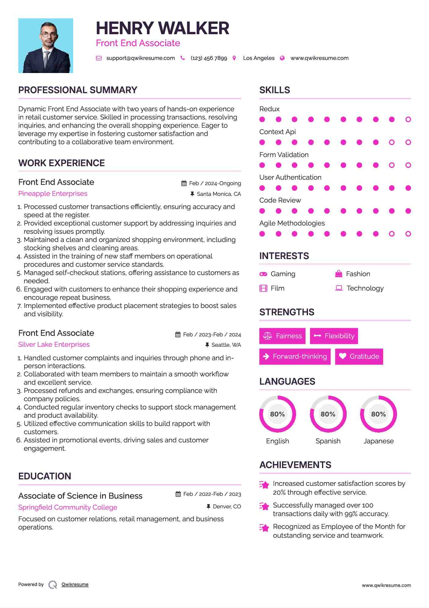 Front End Associate Resume Example