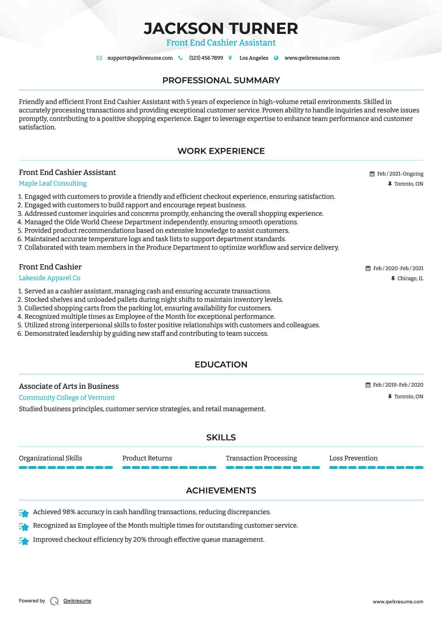 Front End Cashier Assistant Resume Sample