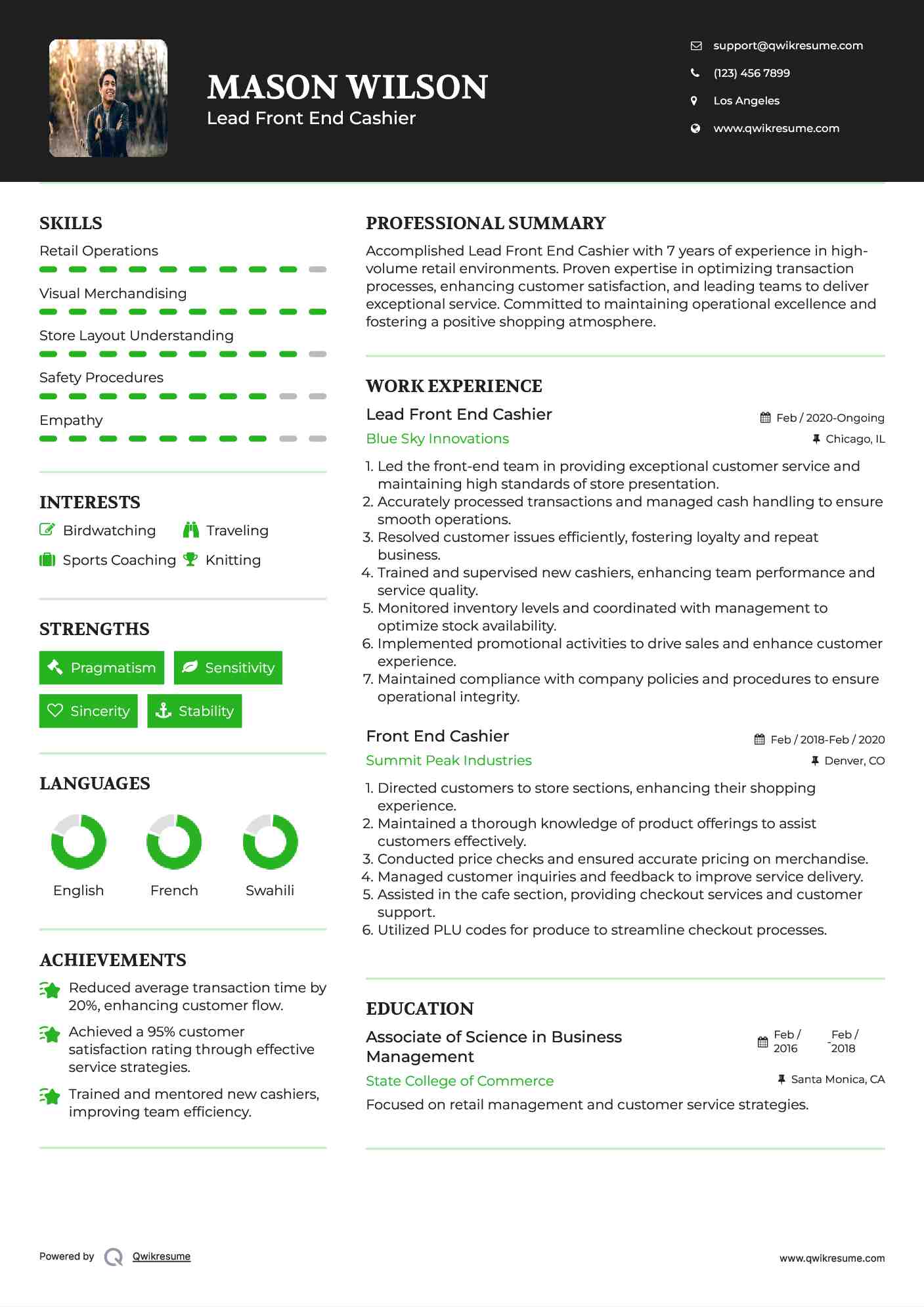 Lead Front End Cashier Resume Model