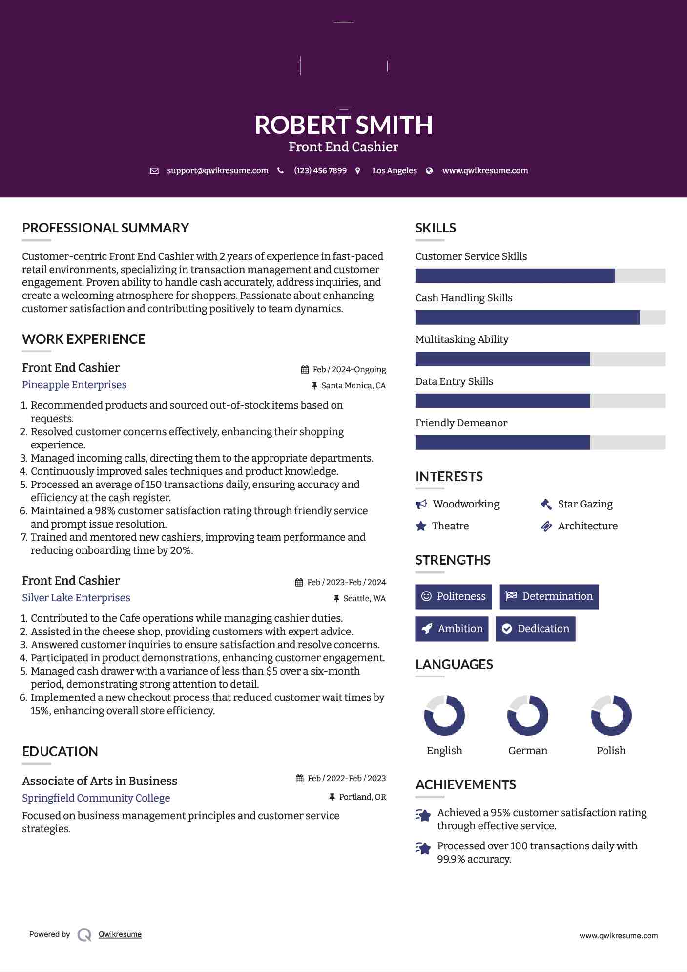 Front End Cashier Resume Sample
