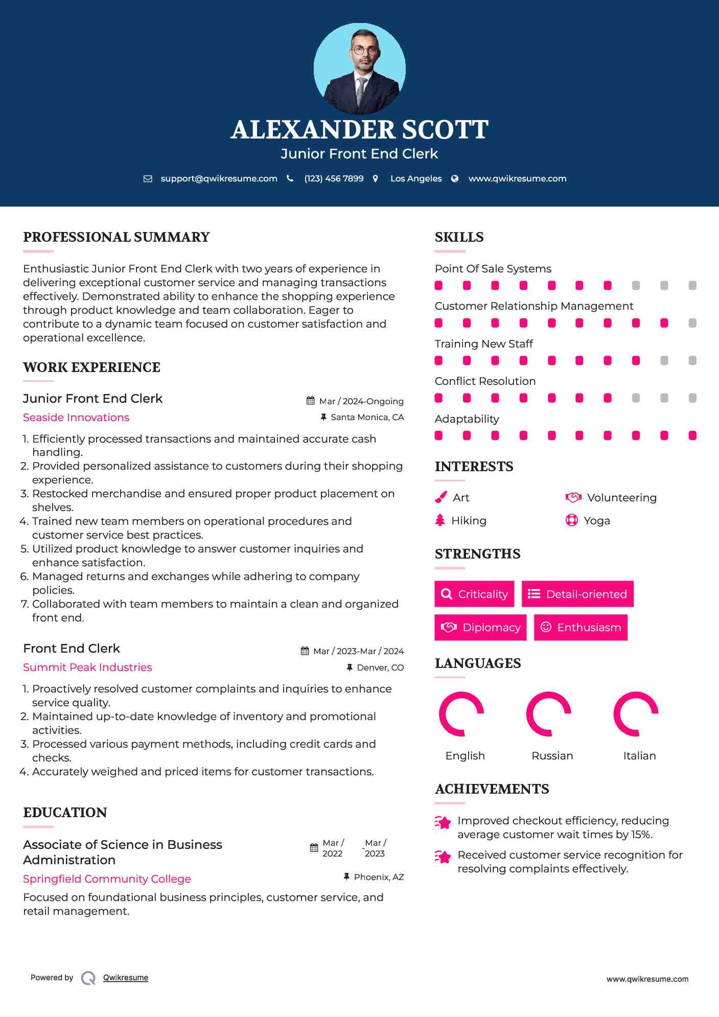 Junior Front End Clerk Resume Sample