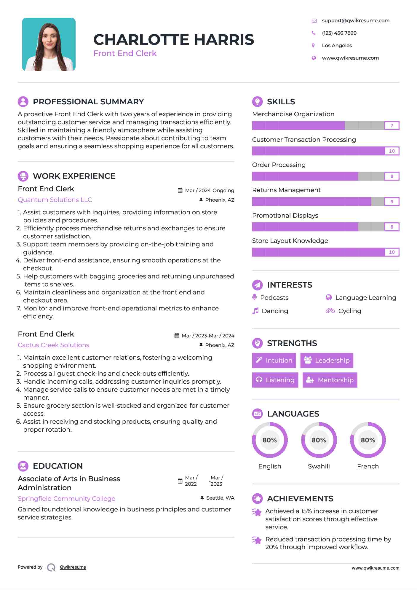 Front End Clerk Resume Template