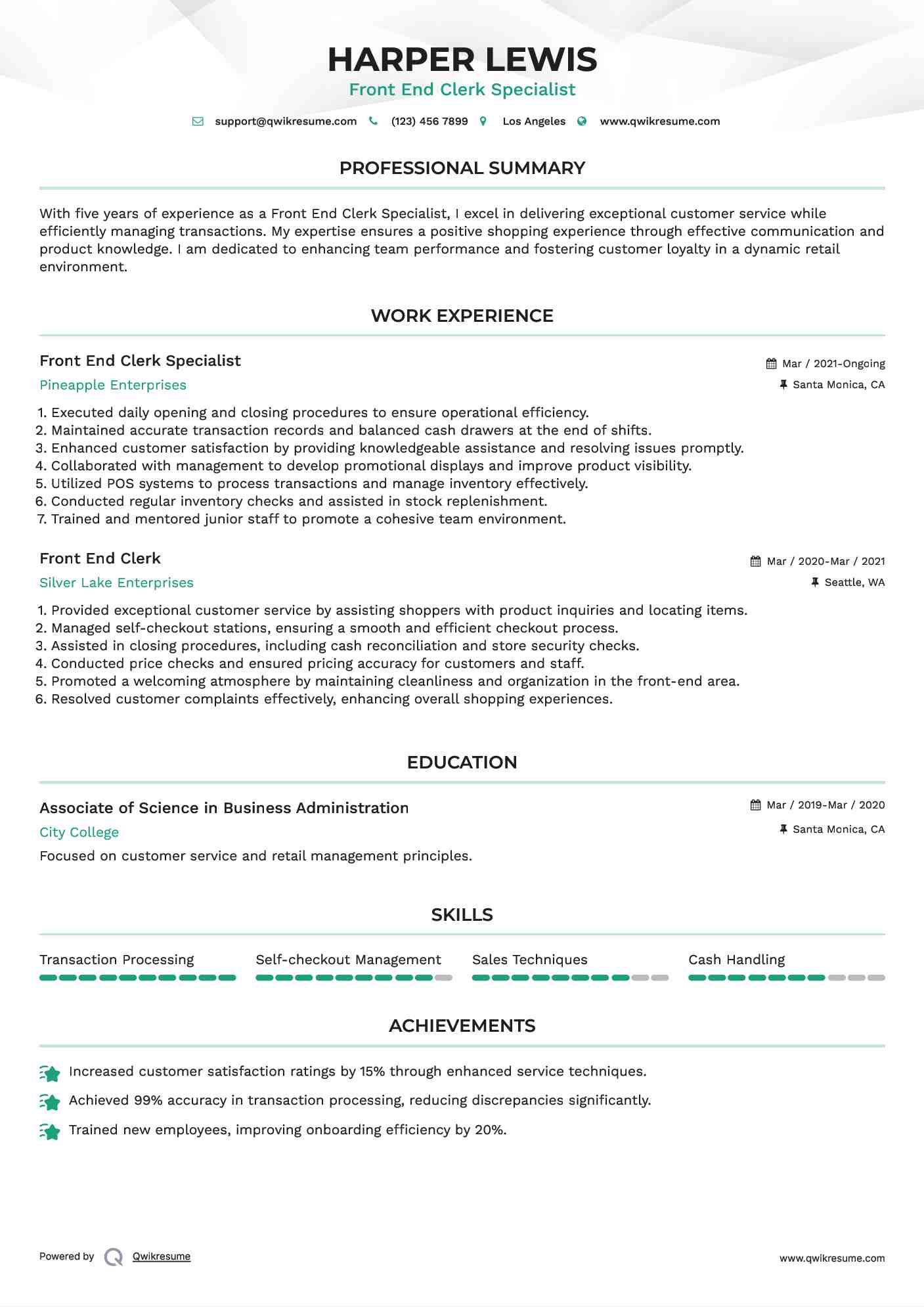 Front End Clerk Specialist Resume Example
