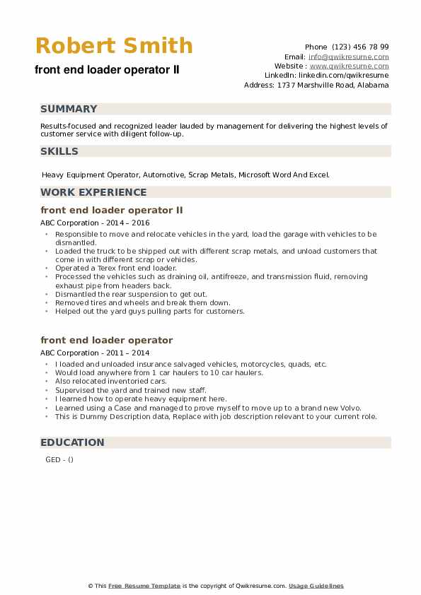 Front End Loader Operator Resume Samples QwikResume