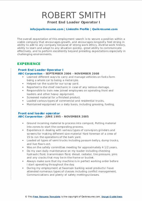 Front End Loader Operator Resume Samples QwikResume