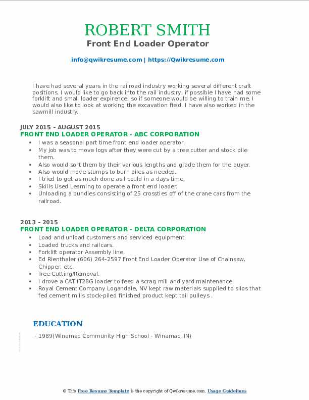 Front End Loader Operator Resume Samples QwikResume