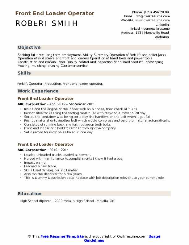 Front End Loader Operator Resume Samples QwikResume