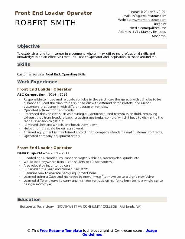 Front End Loader Operator Resume Samples QwikResume