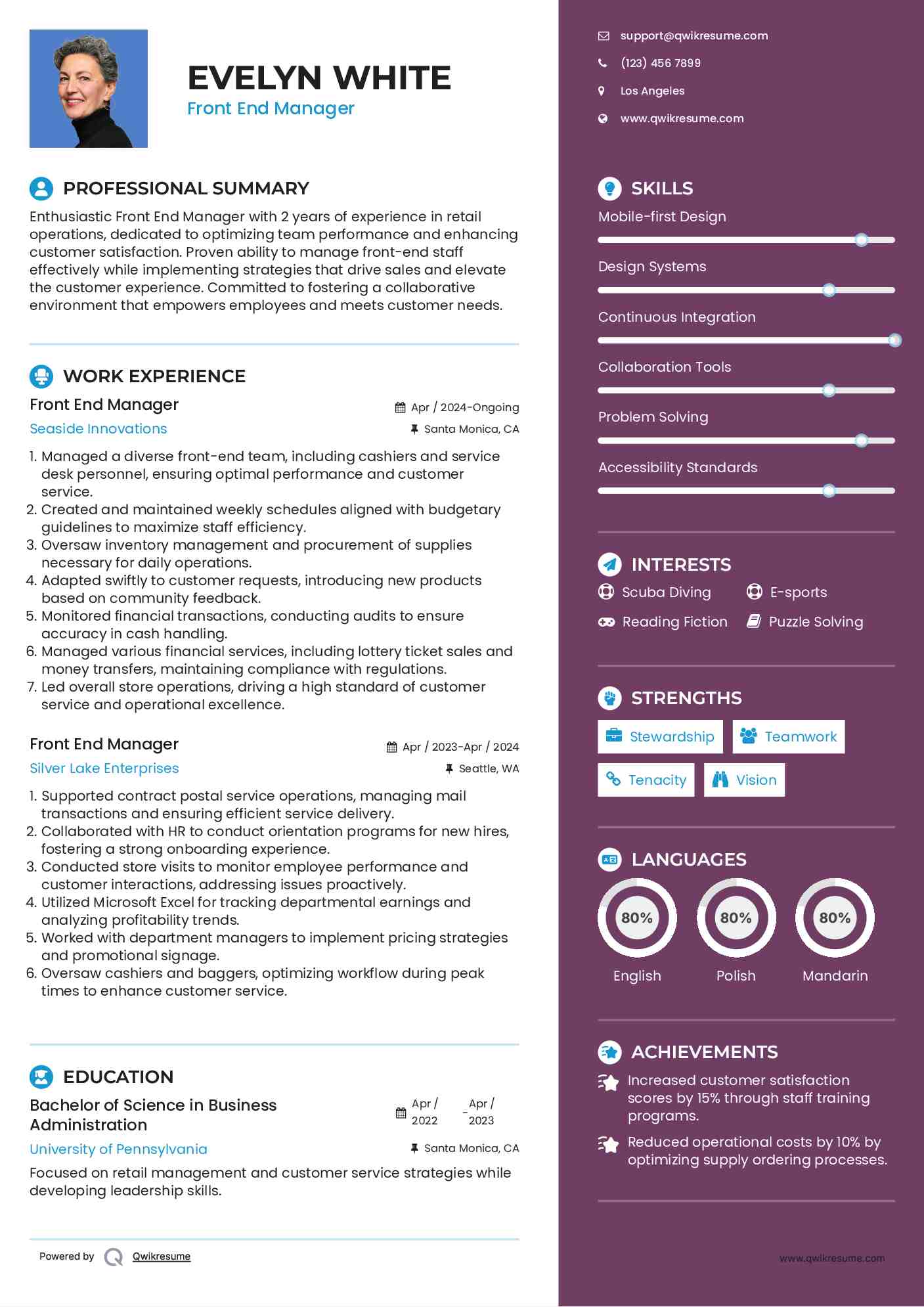 Front End Manager Resume Example