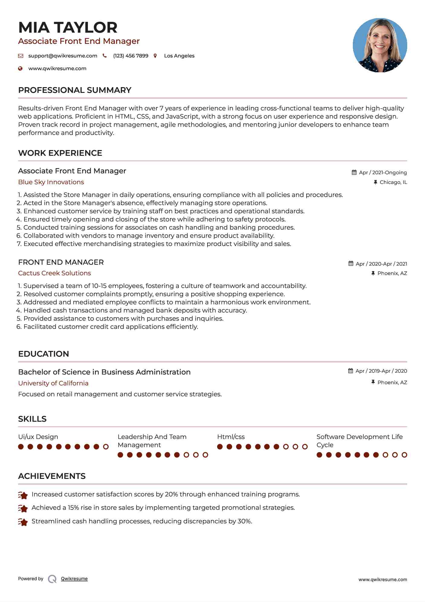 Front End Manager Resume Samples QwikResume