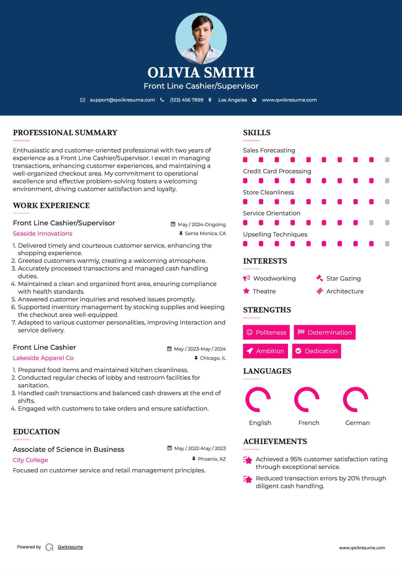 Front Line Cashier/Supervisor Resume Example