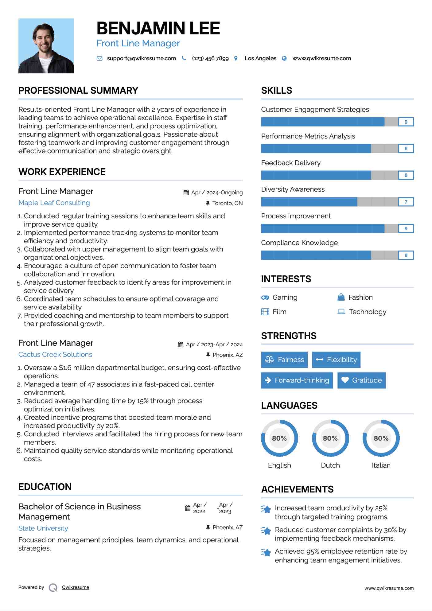 Front Line Manager Resume Sample