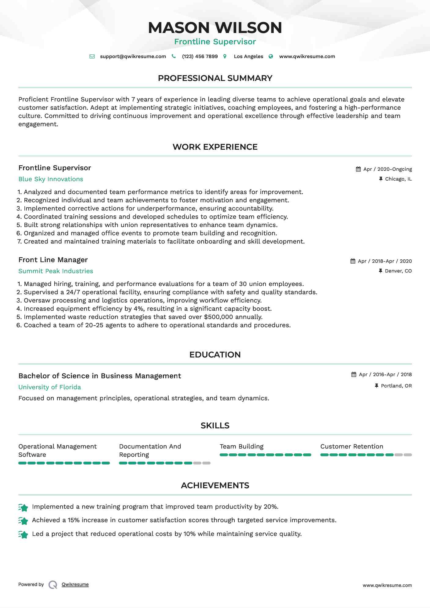 Frontline Supervisor Resume Format