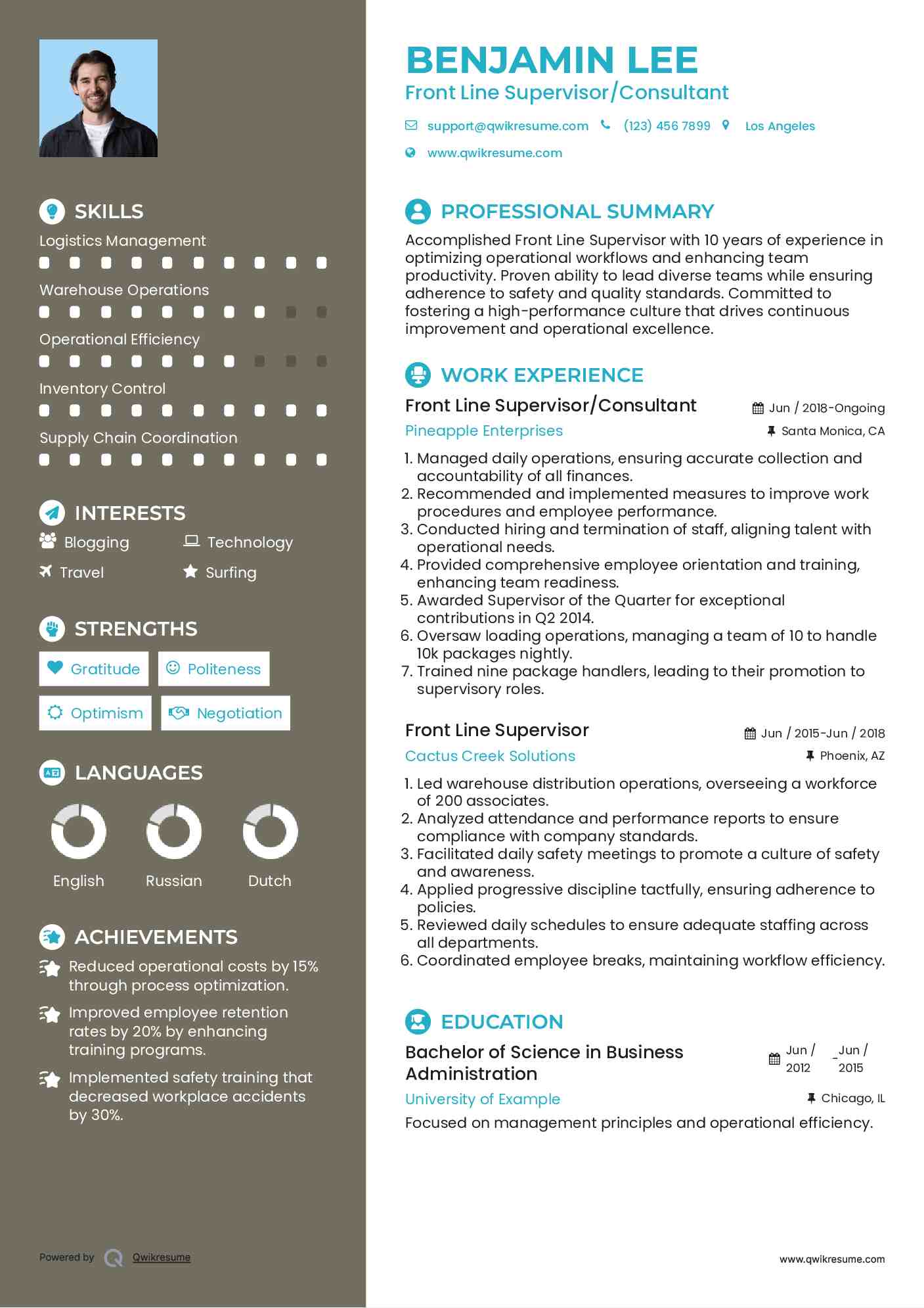 Front Line Supervisor/Consultant Resume Sample