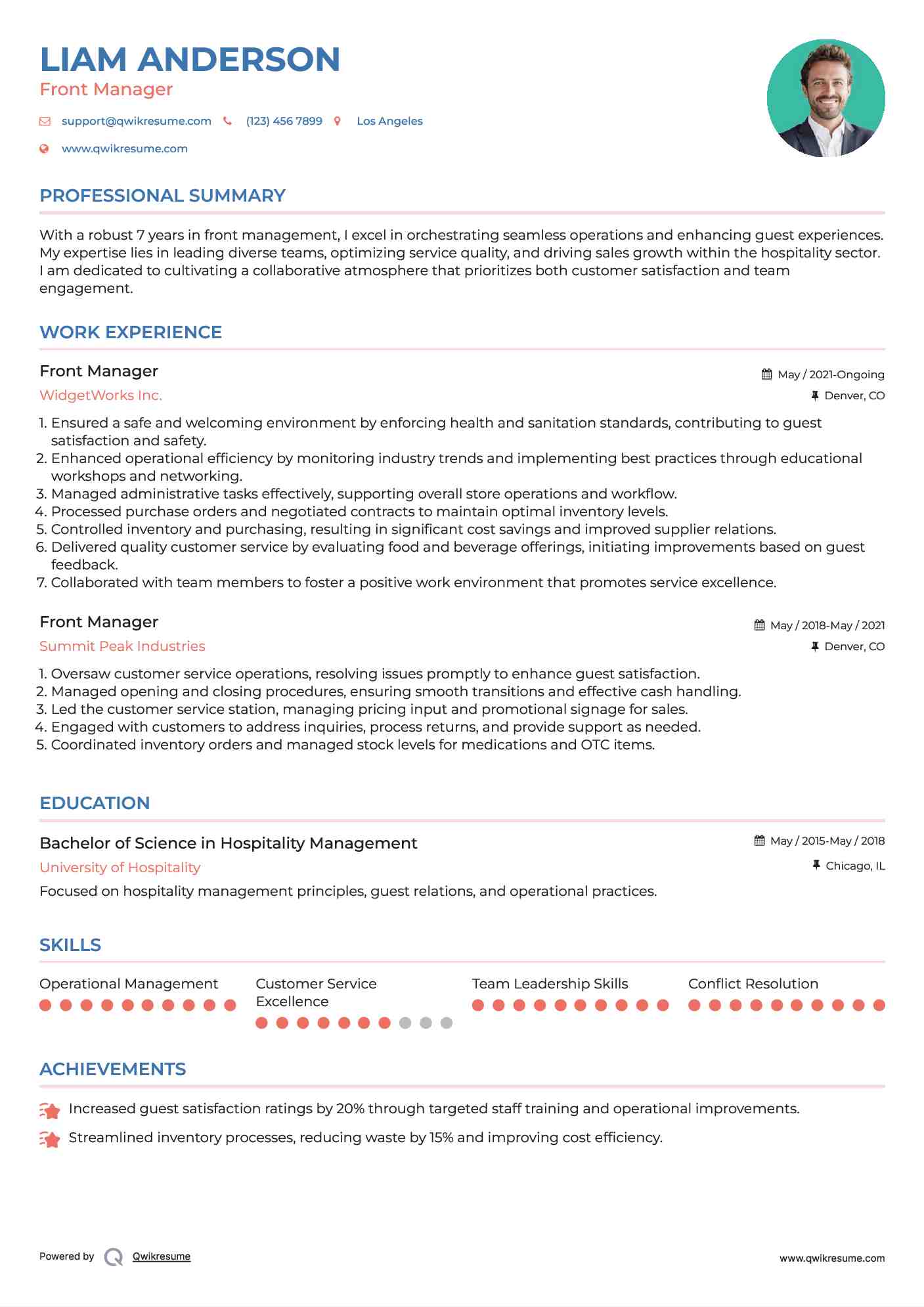 Front Manager Resume Example