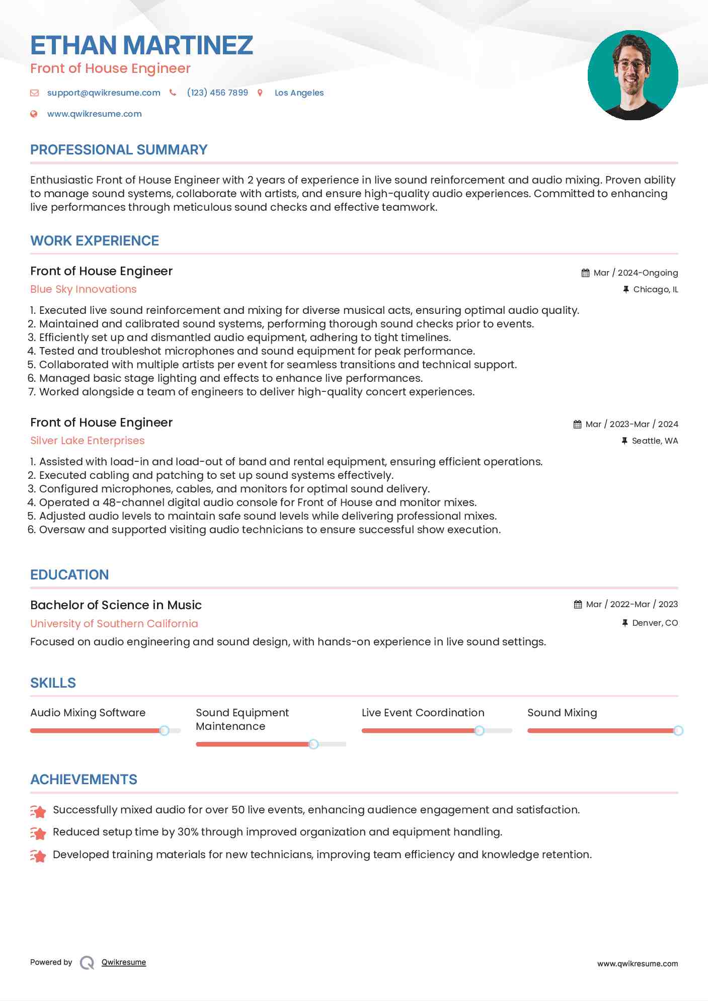 Front of House Engineer Resume Example