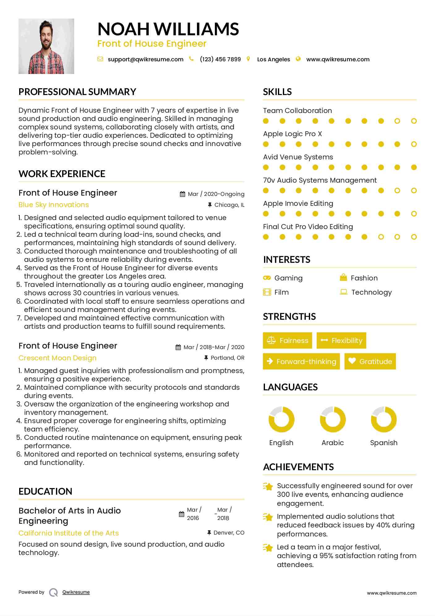 Front of House Engineer Resume Sample