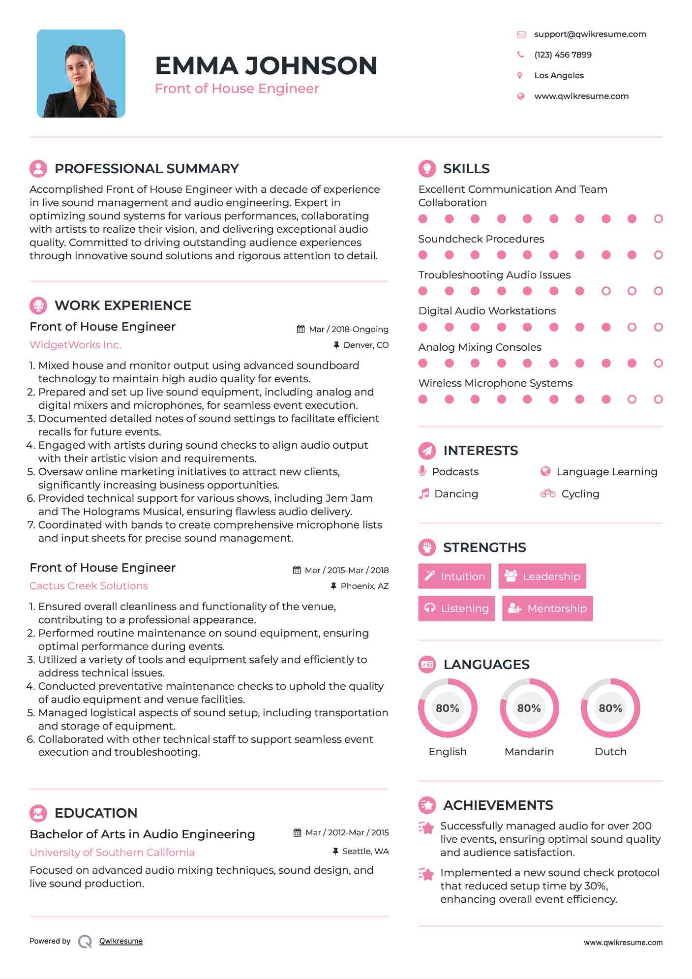 Front of House Engineer Resume Sample