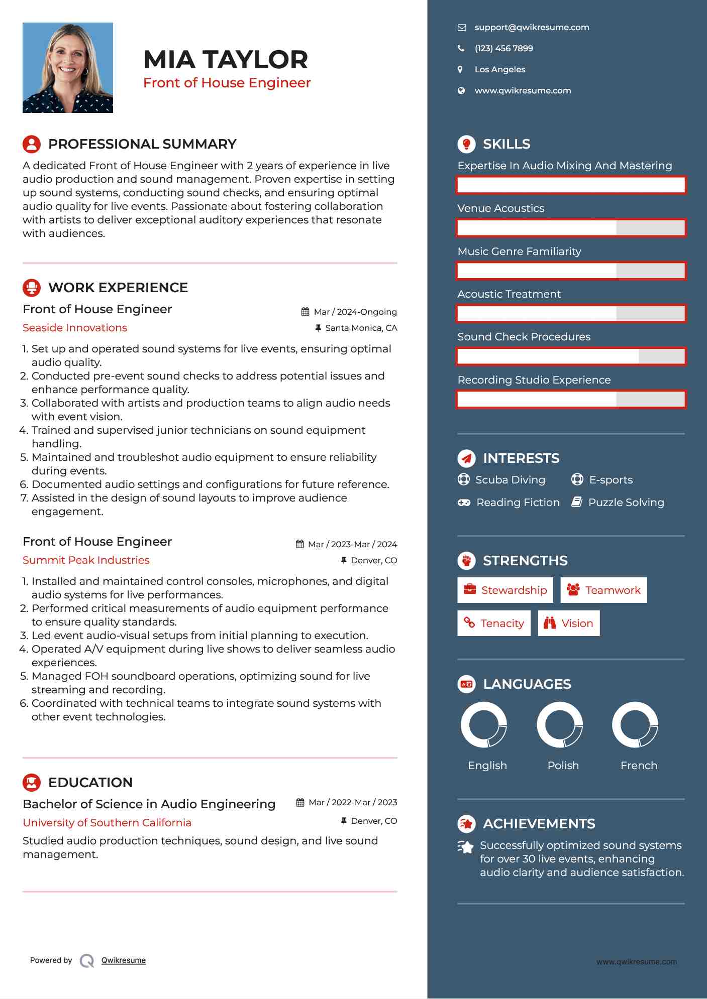 Front of House Engineer Resume Format