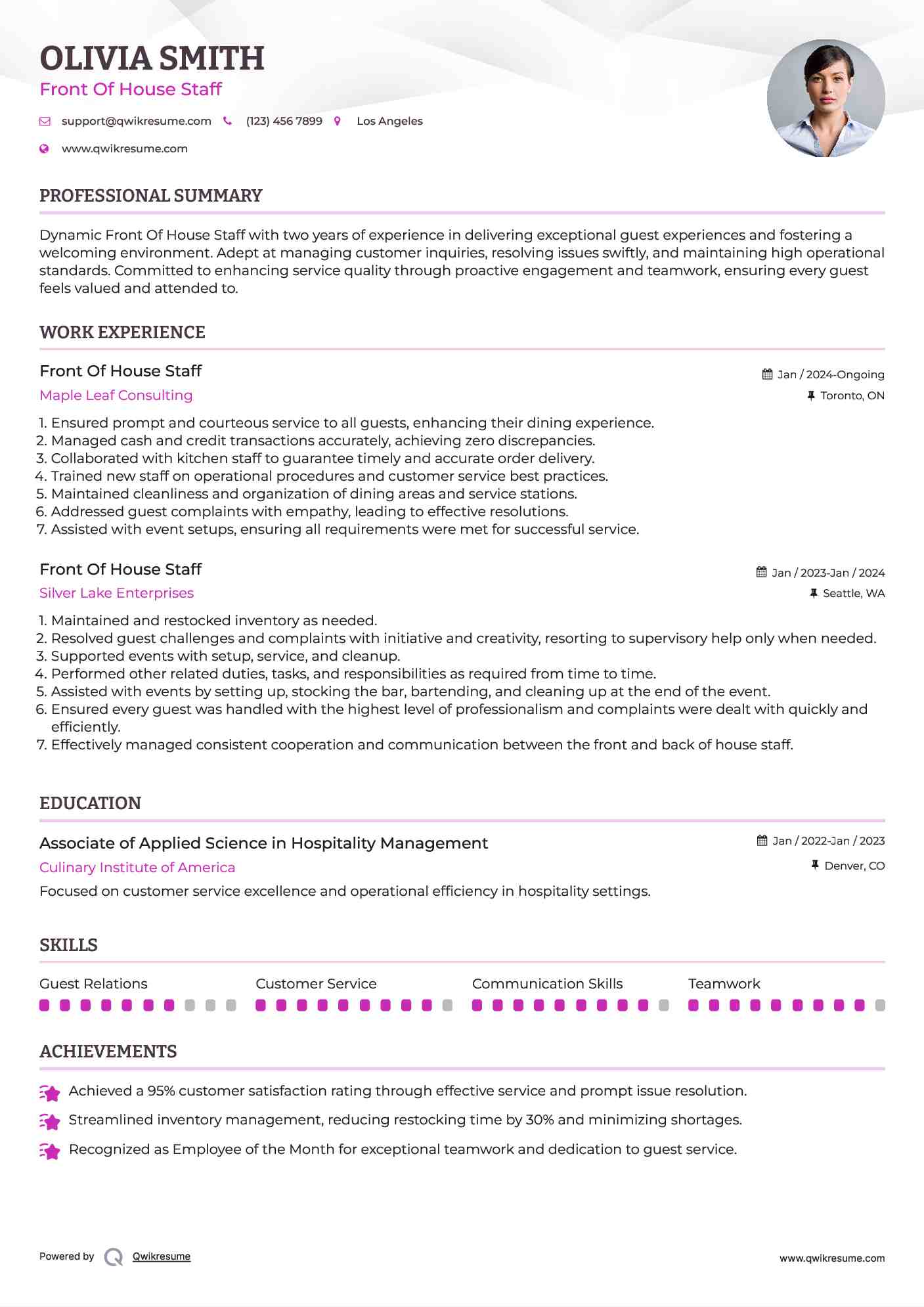 Front Of House Staff Resume Model