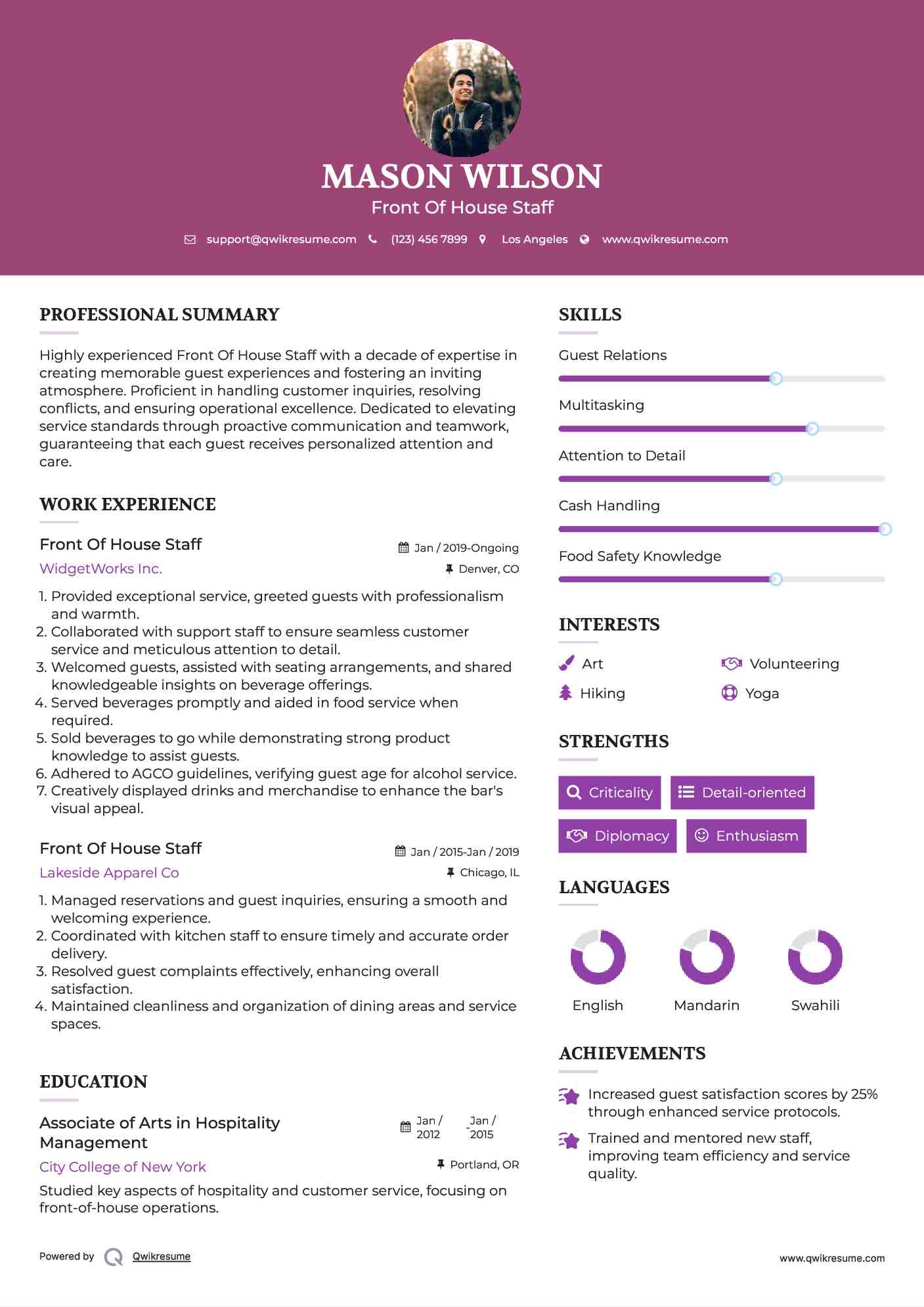 Front Of House Staff Resume Model