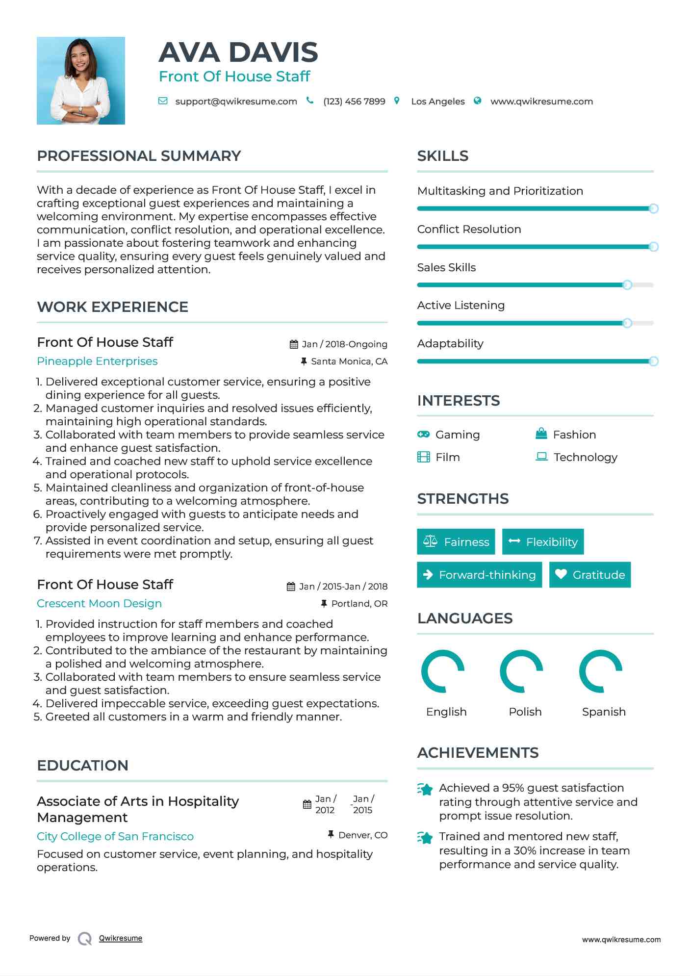 Front Of House Staff Resume Sample