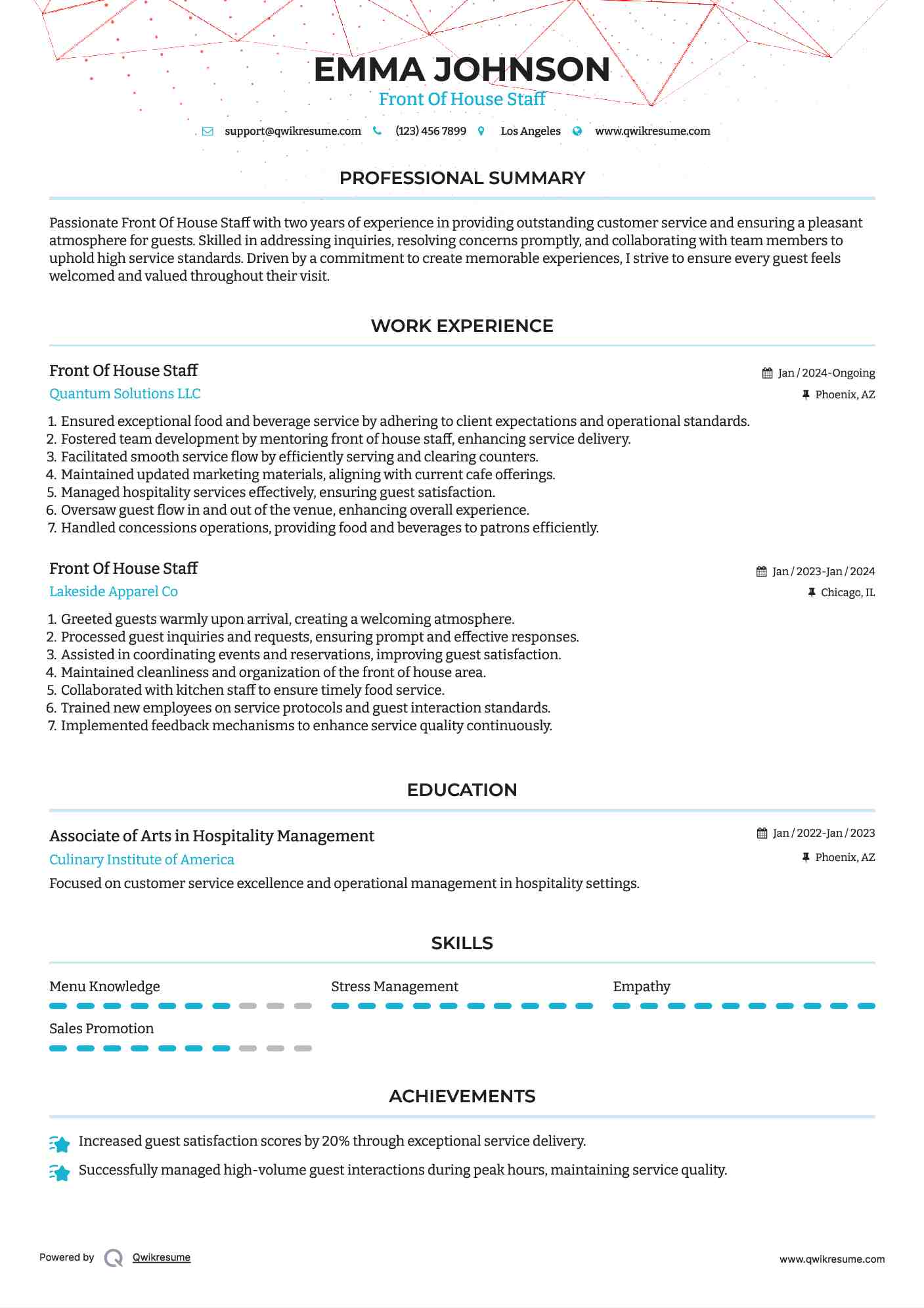 Front Of House Staff Resume Sample