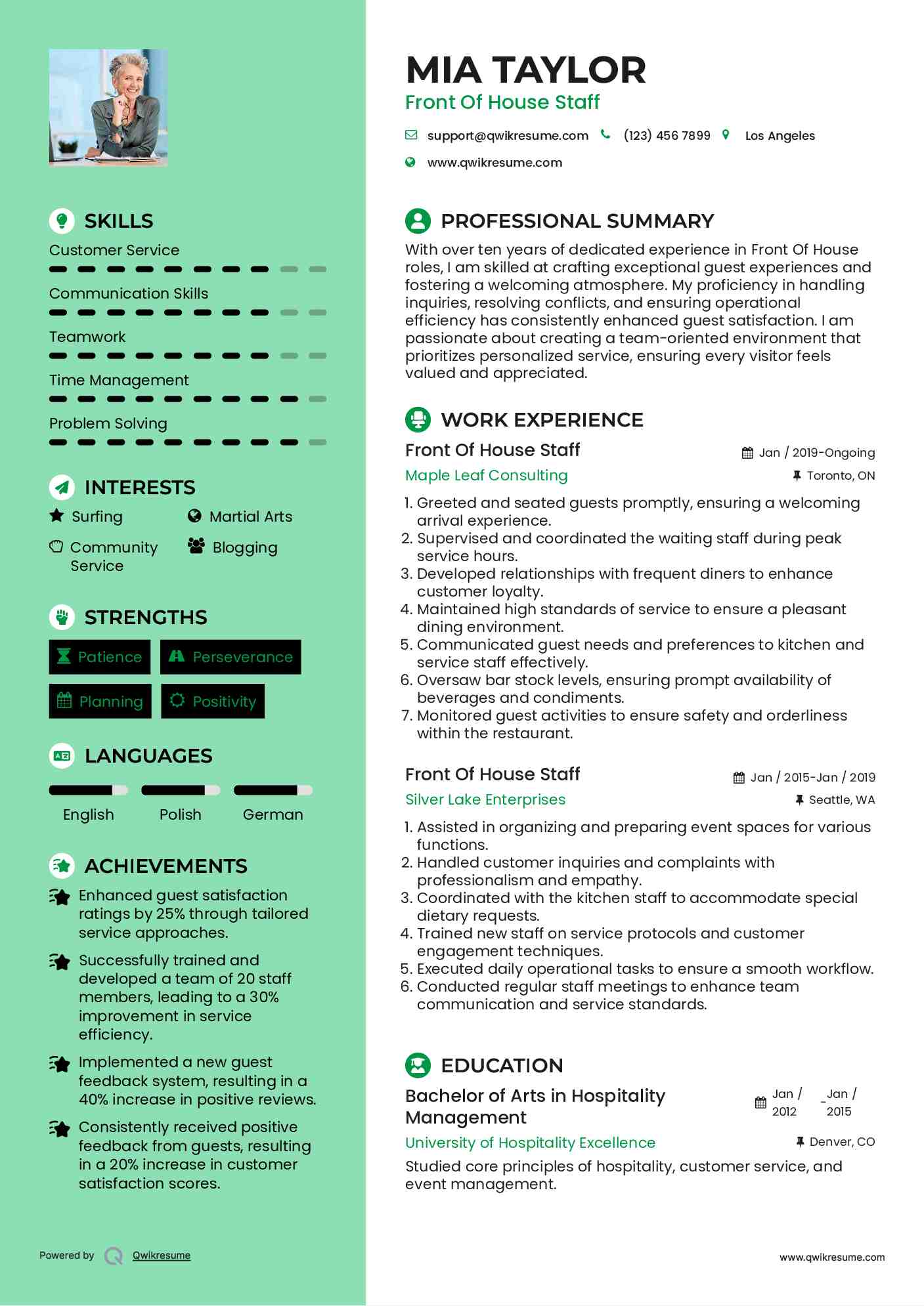 Front Of House Staff Resume Template