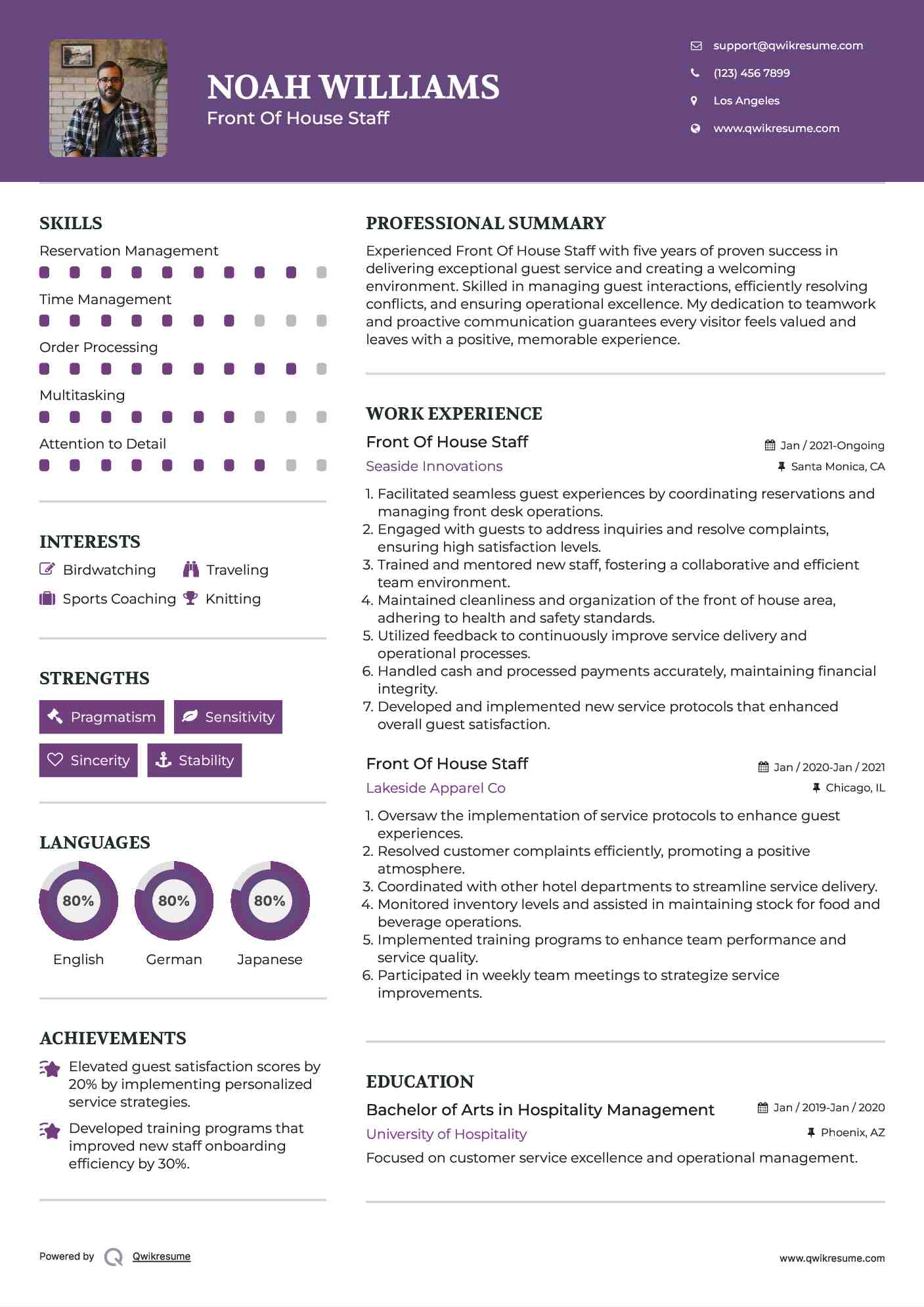 Front Of House Staff Resume Example