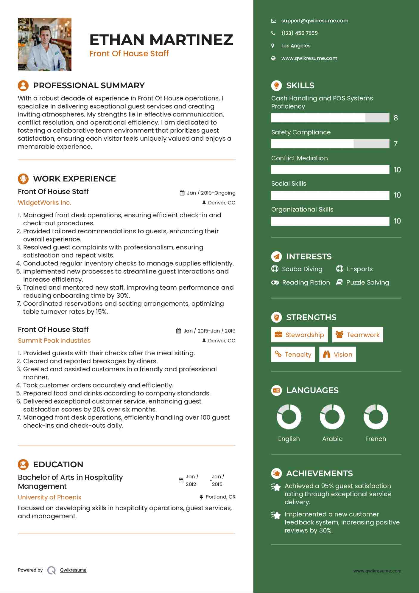 Front Of House Staff Resume Template