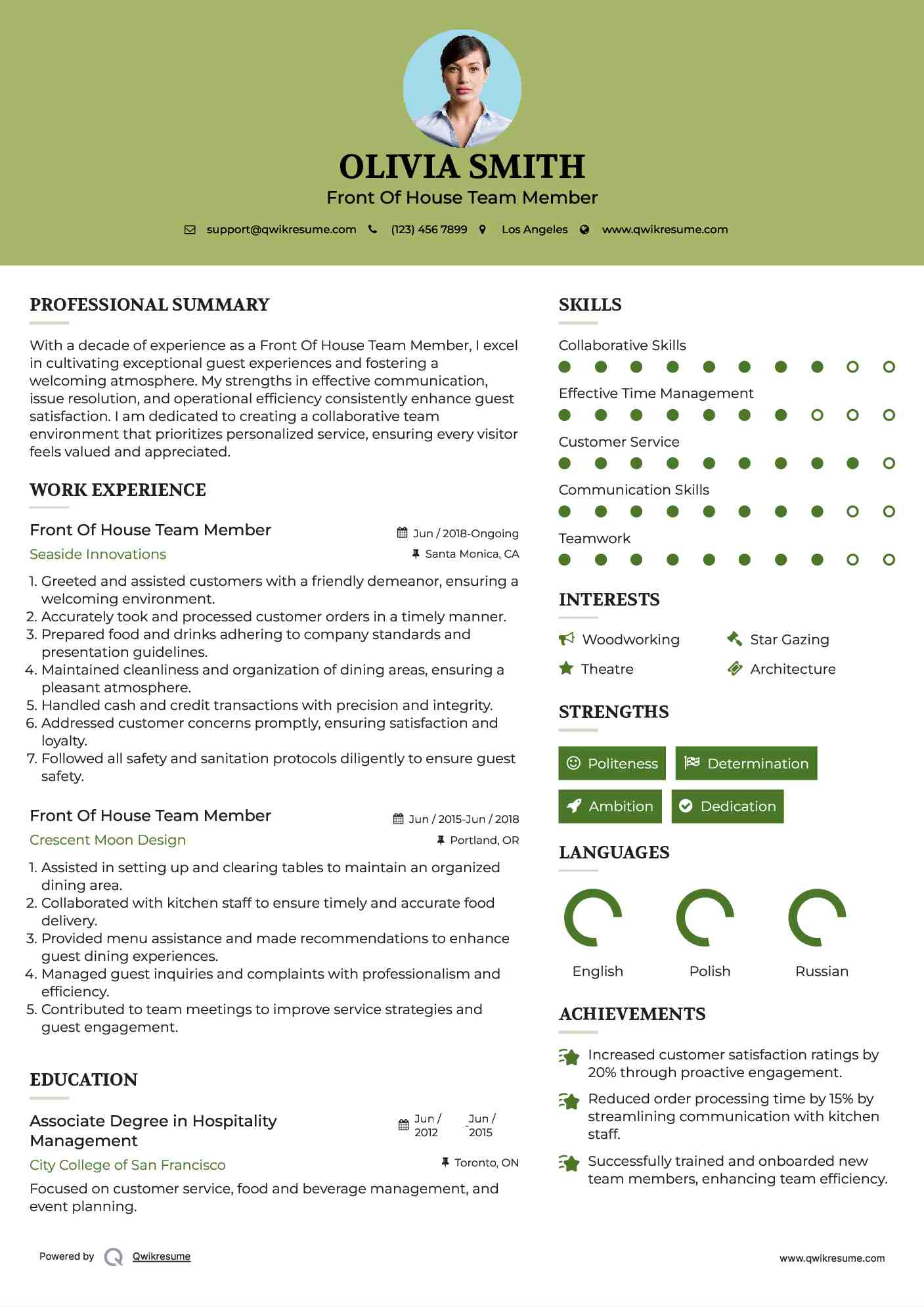 Front Of House Team Member Resume Example