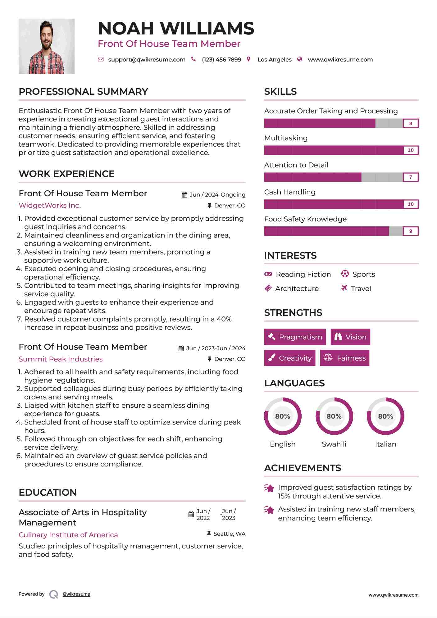 Front Of House Team Member Resume Example