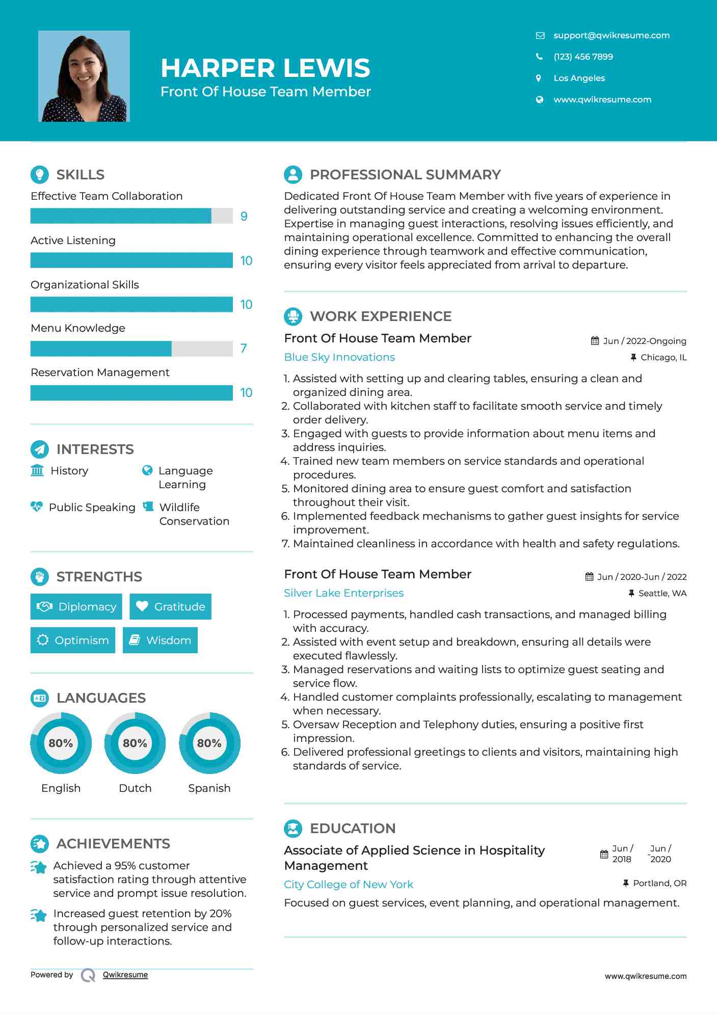 Front Of House Team Member Resume Example